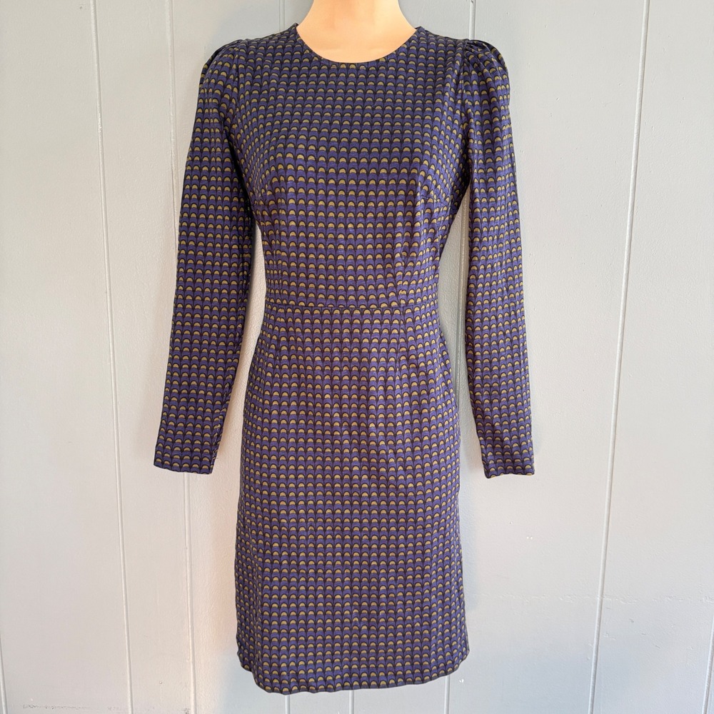 Boden Penelope Jersey Dress Blue Purple Gold Geometric‎ Mod Retro Pockets US 2
